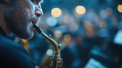 A detailed close-up image of a saxophonist passionately playing the saxophone during a concert, with the background beautifully blurred to encapsulate the artistry and intensity.