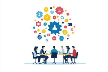 Leadership team planning future strategies, goalsetting session, flat design illustration