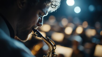 A close-up shot reveals a saxophonist playing under dramatic lighting, showcasing the reflections on the instrument while the background is artistically blurred to emphasize the performance.