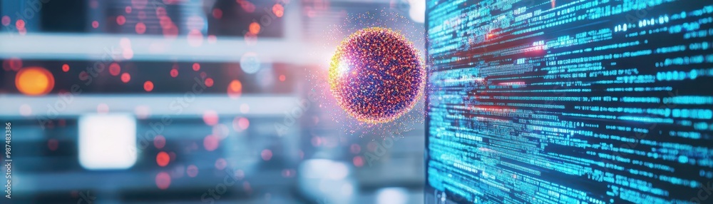 Poster Quantum computer with floating glowing particles, futuristic lab, 3D illustration