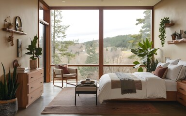 Modern Cozy Bedroom Design with Large Windows and Scenic Forest Outlook