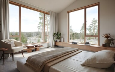 Fototapeta premium Modern Cozy Bedroom Design with Large Windows and Scenic Forest Outlook