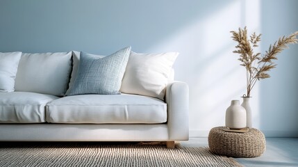 A bright and airy living room with a plush white couch, a light blue accent pillow, a woven pouf, and minimalist vases, bathed in gentle sunlight.