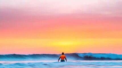 Surfing at dawn, catching waves, golden sunrise, exhilarating summer sport