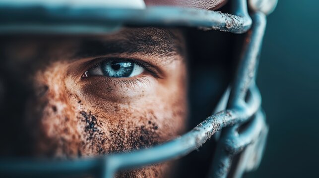 This image shows an extreme close-up of a football player with dirt smeared on his face, highlighting the intensity and focus in his striking blue eyes.