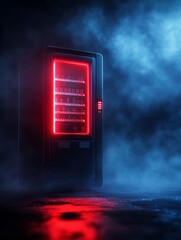 Illuminated vending machine in a foggy atmosphere, mysterious and striking.
