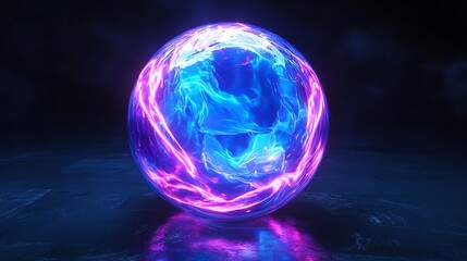 A glowing sphere with blue and pink energy swirling inside on a dark background.
