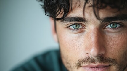 Fototapeta premium A close-up portrait of a young man showcasing his piercing green eyes and dark hair, with the focus on his natural facial features in soft lighting.