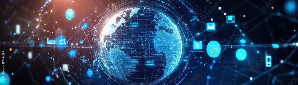 Poster a 3d globe surrounded by data points and tech icons, representing global services, digital painting,