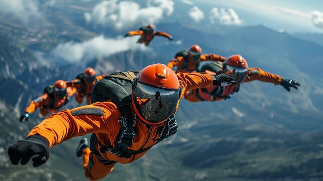 Skydiving Team Freefall Over Mountains