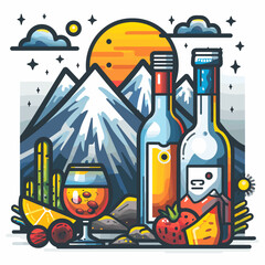 A mountain range is shown with a bottle of wine and a glass of wine. The wine bottle is on the right side of the image and the glass is on the left side