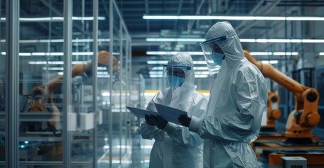 Industrial Scientists Wearing Disposable Protective Suits, Masks, and Goggles at a Production Plant. Specialist Using Tablet Computer, Analyzing Potential Work Hazards and Contamination at a Workplace