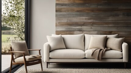 A modern beige sofa set against a stylish wooden wall background, complemented by a cozy chair and soft cushions, exuding comfort and elegance for any living room.