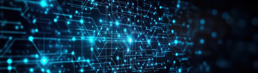 Fototapeta premium A network of AIpowered customer support represented as glowing nodes on a global scale, Tech, Blue neon circuits, Dark background