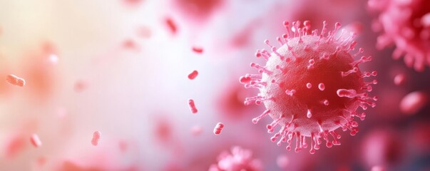 Microscopic view of virus particles on abstract background, colorful and vibrant.