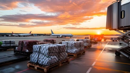 Cargo Pallets at Airport Sunset with Airplane and Jet Bridge