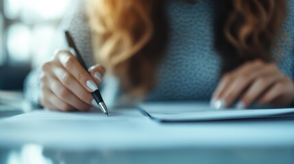 A focused shot of a person writing notes with a pen on a desk, capturing the essence of productivity, concentration, and the tactile experience of writing on paper.