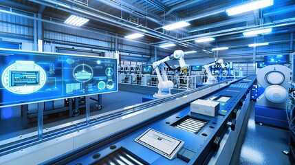 Fototapeta premium Advanced automated battery production line with robotic arms assembling lithium-ion cells on conveyor belt. Skilled workers in protective gear supervising high-tech manufacturing process. Industrial i
