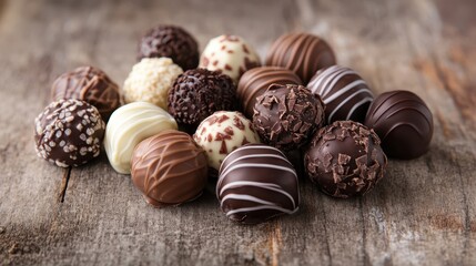 A selection of beautifully crafted chocolate truffles, featuring different textures and designs, placed on a rustic wooden background, showcasing their artisanal craftsmanship.