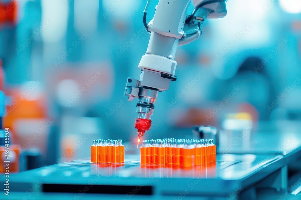 Leinwandbilder An industrial robot performing automated product testing on a production line, analyzing every aspect of the product in realtime