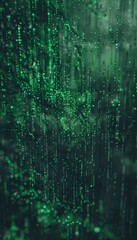 Captivating abstract digital art of green binary code cascading on a dark mysterious backdrop