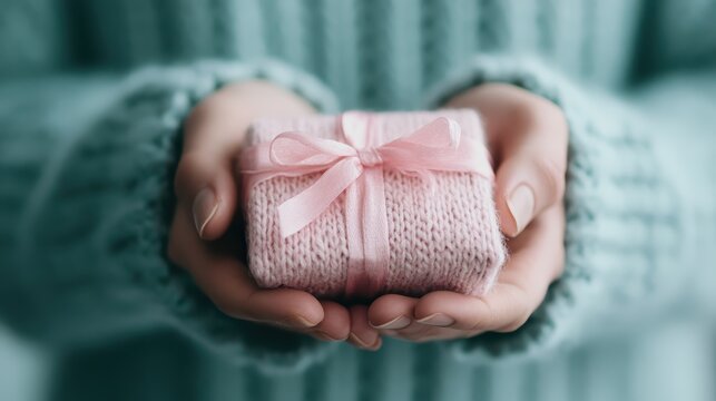 A close-up image showcasing gently holding a delicately wrapped gift with a fine ribbon, emphasizing a sense of warmth, care, and personalized touch in giving.