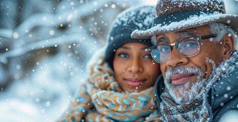 Winter couple, senior people with snow. Old african happy woman and man outside. Black american elderly family. Mature couple hug. Holiday Christmas vacation banner. Snow grandparents walk outdoors
