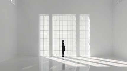 Fototapeta premium A lone figure stands in a minimalist room, illuminated by soft light filtering through large windows.