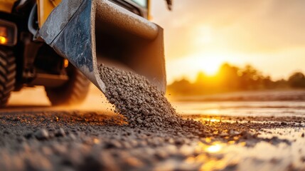 A front loader deposits gravel as the sun sets in the background. This striking image emphasizes the daily grind and determination in the construction industry amidst a picturesque sunset.