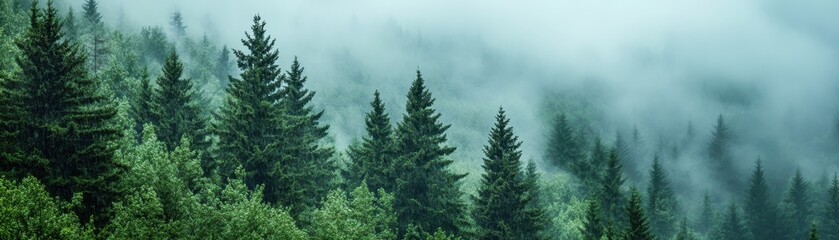 Fototapeta premium Misty Forest Landscape with Lush Green Pine Trees and Dense Fog in a Serene Natural Environment