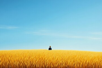 Person standing in a golden field under a bright blue sky.