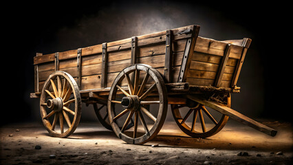 Fototapeta premium old carriage on the street.an old wooden cart wagon with cracked wooden panels and metal hardware, set against a pitch-black background. The cart is illuminated from the side, revealing the textures a