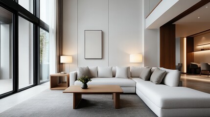 Fototapeta premium A bright and airy living room featuring an L-shaped sofa and wooden accents, enhanced by large windows that allow natural light to flood the space, creating a cozy atmosphere.