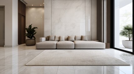 A spacious modern living area highlighted by sleek marble walls and contemporary furnishings, creating a balance with elements of nature such as indoor plants.