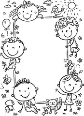 Happy little kids with vertical frame with a blank space. Cartoon children with banner, outline illustration