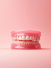 Obraz premium Realistic dental model with white teeth against a pink background, educational purpose.