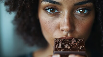 Close-up of a woman savoring a chocolate bar with an intense gaze, highlighting the richness of the chocolate and the freckles that cover her face.