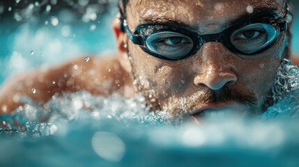 Fototapeta premium A focused swimmer emerges from the water, goggles on and intensity in his eyes, highlighting the energy and passion of competitive swimming.