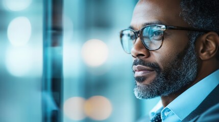 A confident businessman with glasses gazes out a window, appearing deeply thoughtful and contemplative, symbolizing ambition and future aspirations.
