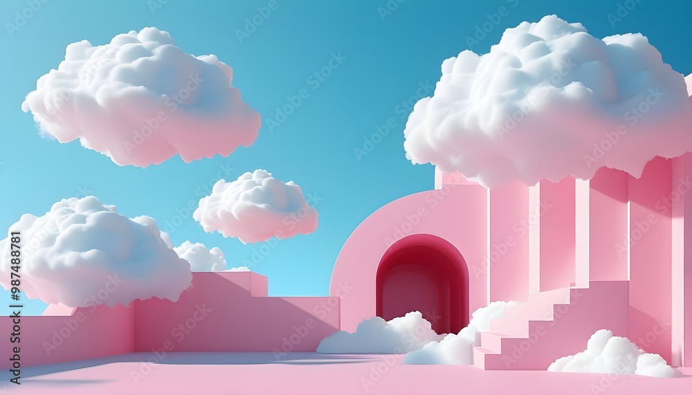 Wall mural dreamy minimalist composition of pink background featuring cloud and tunnel shapes with floating blu