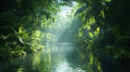 Obraz premium A river runs through a verdant forest, filled with numerous leafy trees, and a radiant beam illuminates the water