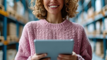A warehouse worker using a digital tablet to check inventory, set in a busy storage environment, highlighting technology's role in modern logistics and inventory management.