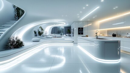 Obraz premium A futuristic, all-white kitchen with smart technology, integrated lighting, and sleek surfaces for a minimalist aesthetic