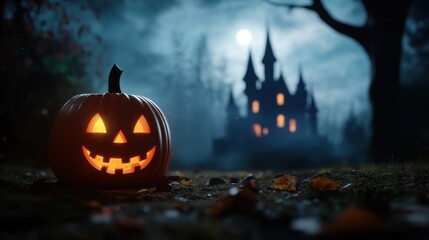 Spooky Castle at Night with Halloween Pumpkin