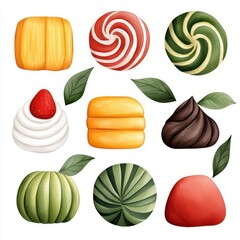Colorful assortment of sweets and desserts with leaves on a white background.