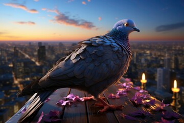 Professional photo of a charming landscape of   turtledove with beautiful feathers standing on a rooftop stunning the city view with their bold and colorful movements, as the sun rises and the lights 