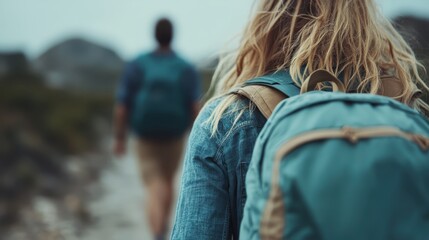 A solitary hiker with a backpack walks along a trail, heading towards distant mountains, implying a sense of adventure, self-discovery, and freedom in the vast natural landscape.