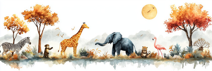 Watercolor illustration of safari animals in a jungle setting.