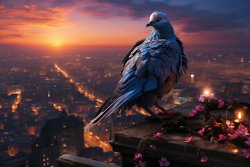 Professional photo of a charming landscape of   turtledove with beautiful feathers standing on a rooftop stunning the city view with their bold and colorful movements, as the sun rises and the lights 