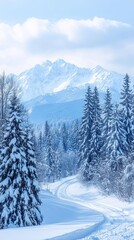 Obraz premium Snowy mountain landscape with evergreen trees and a winding path under a clear blue sky.
